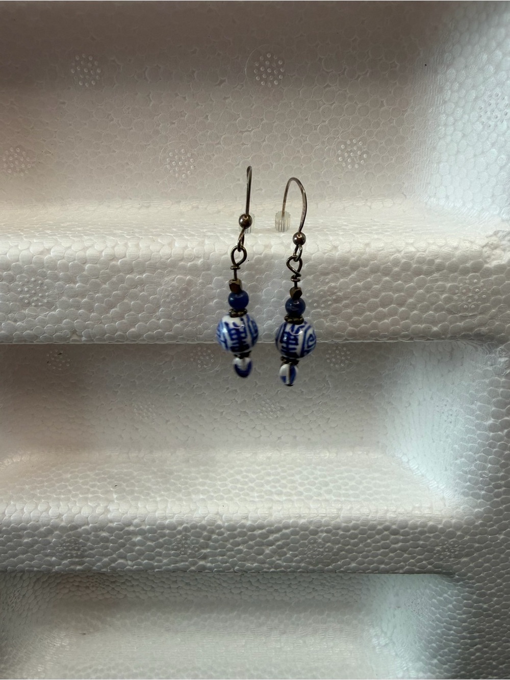 Signed 925 Sterling Silver French Wire Dangle Earrings Blue & White Glass Beads